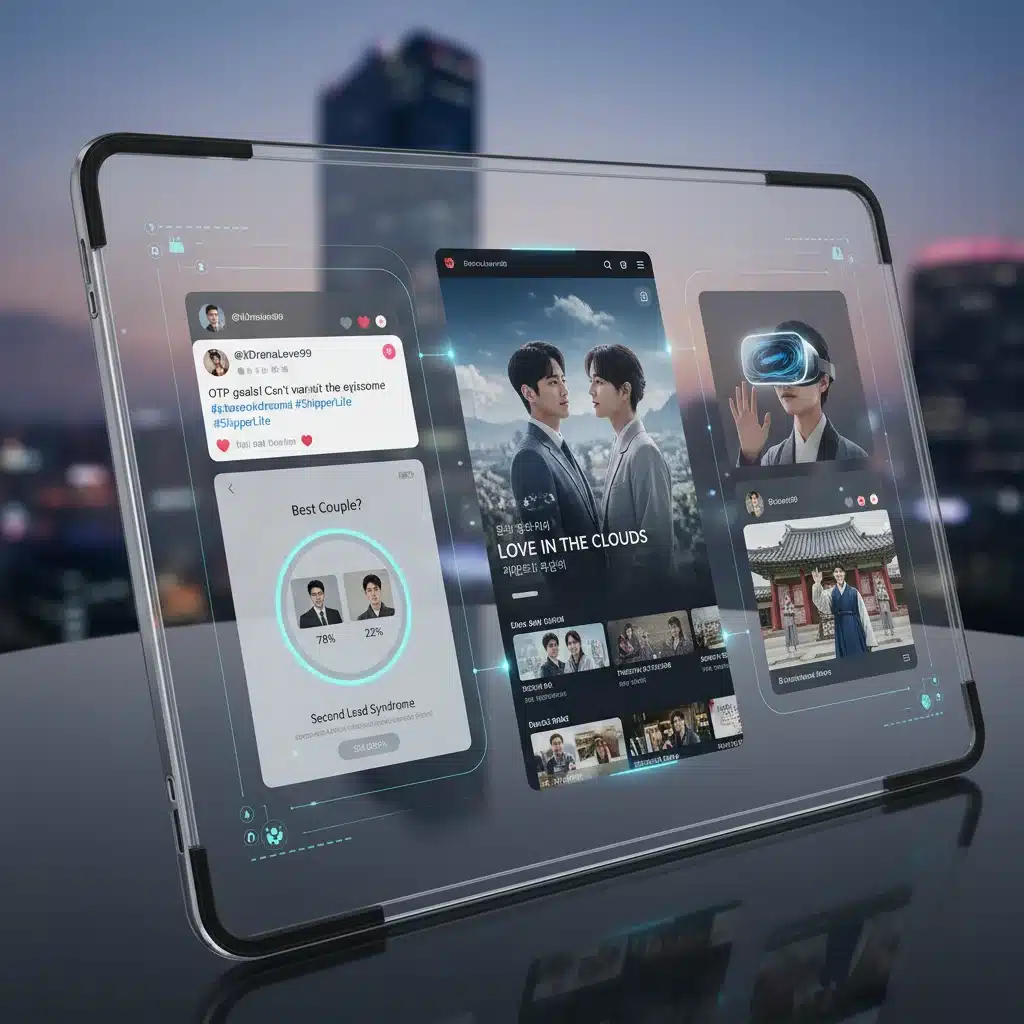 Digital platforms showcasing dorama streaming, fan content, and interactive experiences, highlighting digital fan engagement.