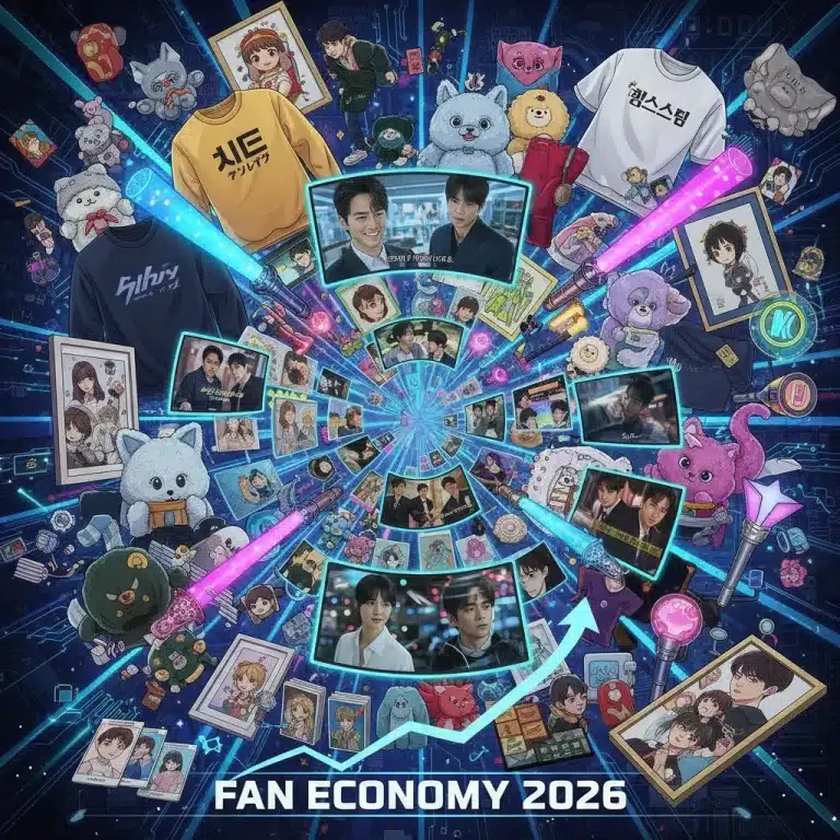 Dorama fan merchandise and digital screens symbolizing the vibrant 2026 dorama fandom economy.