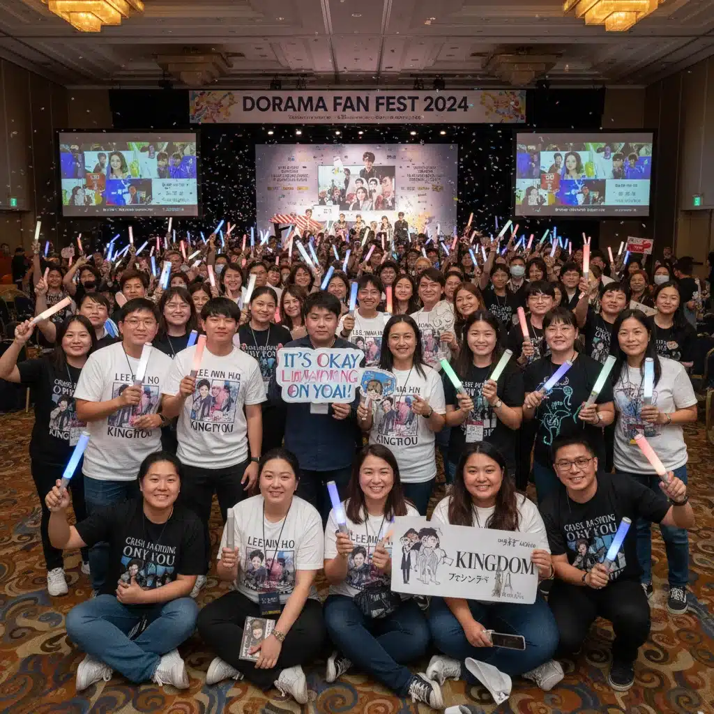 Dorama fans at a convention, holding lightsticks and wearing fan apparel, demonstrating community and enthusiasm.
