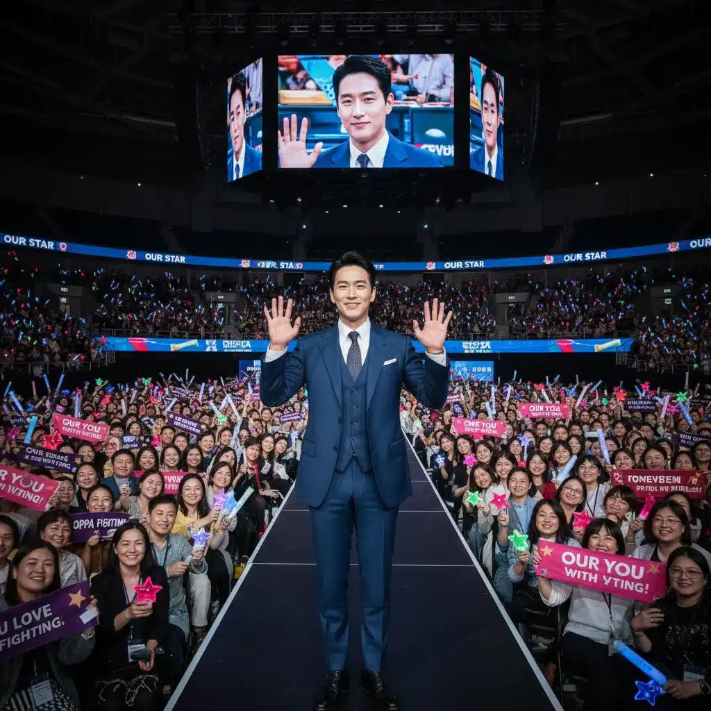K-Drama actor interacting with enthusiastic fans at a fan meeting event.