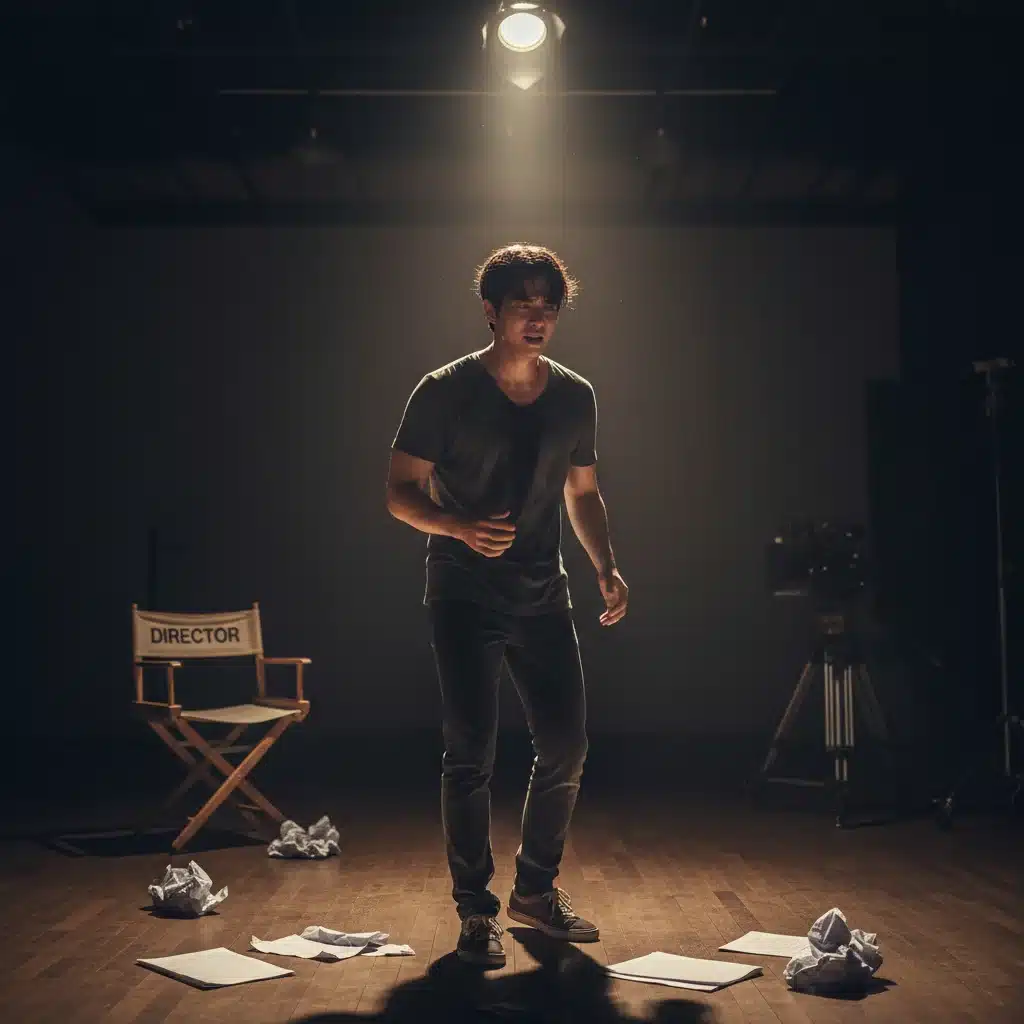 Male K-Drama actor rehearsing intensely, showing dedication to his craft.