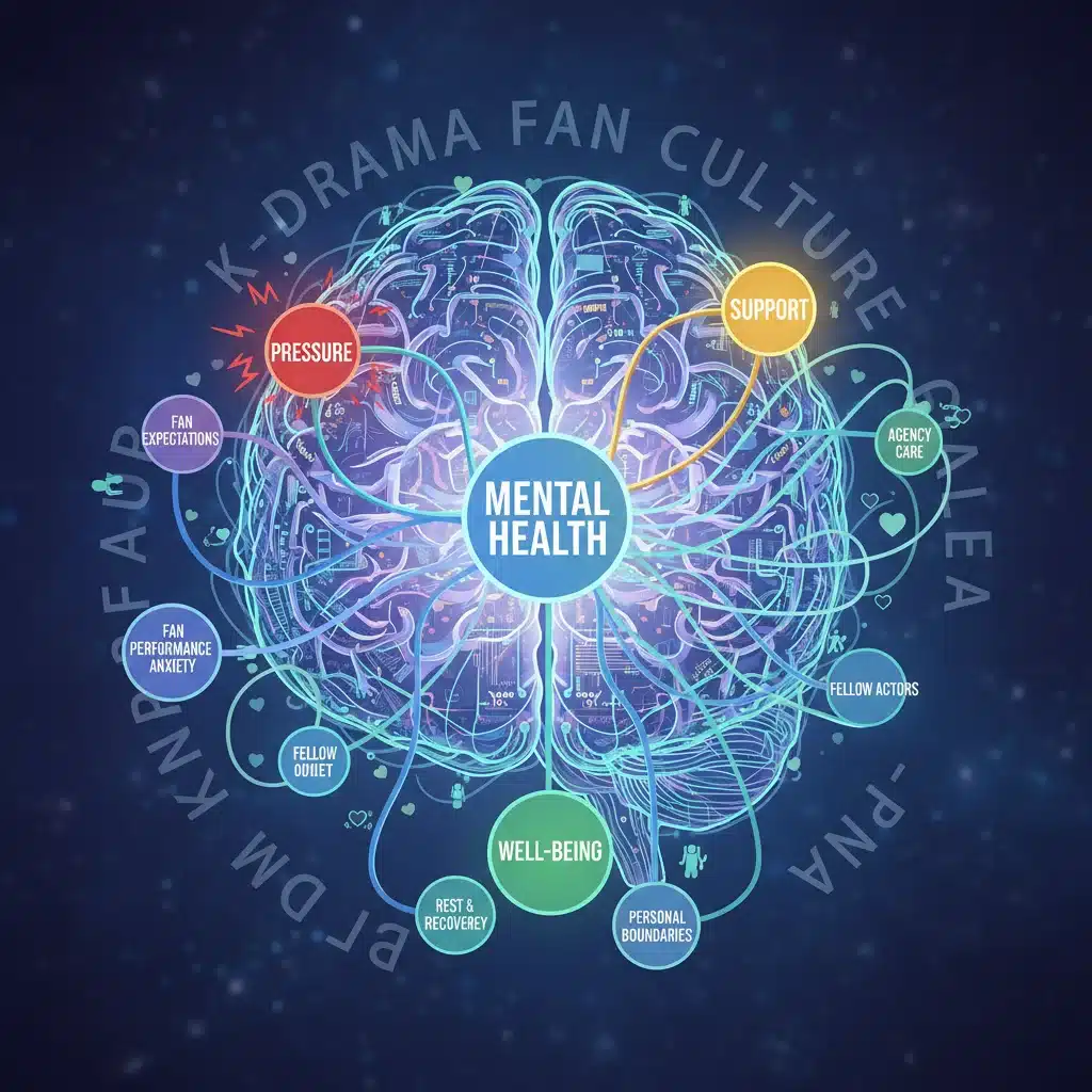 Graphic depicting mental health and well-being in the context of pressure on K-Drama actors.