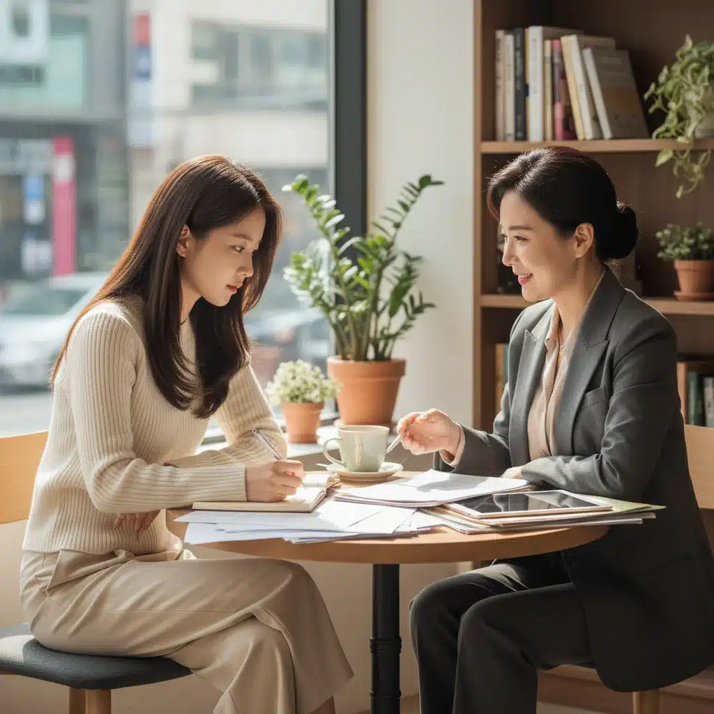 Female K-Drama actress in discussion with acting coach, learning and growing.