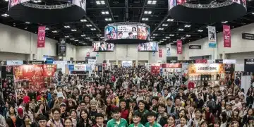 Excited K-Drama fans at a bustling convention hall in the U.S.