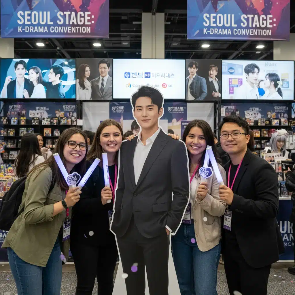 K-Drama fans taking photos with actor cutouts at a convention.