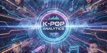 Futuristic K-Pop chart algorithm visualization with data streams and idol silhouettes.