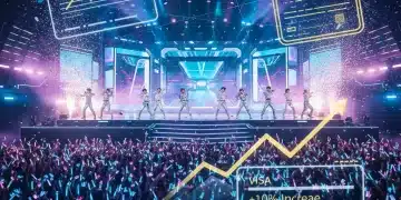 Vibrant K-Pop concert with audience and visa policy overlay
