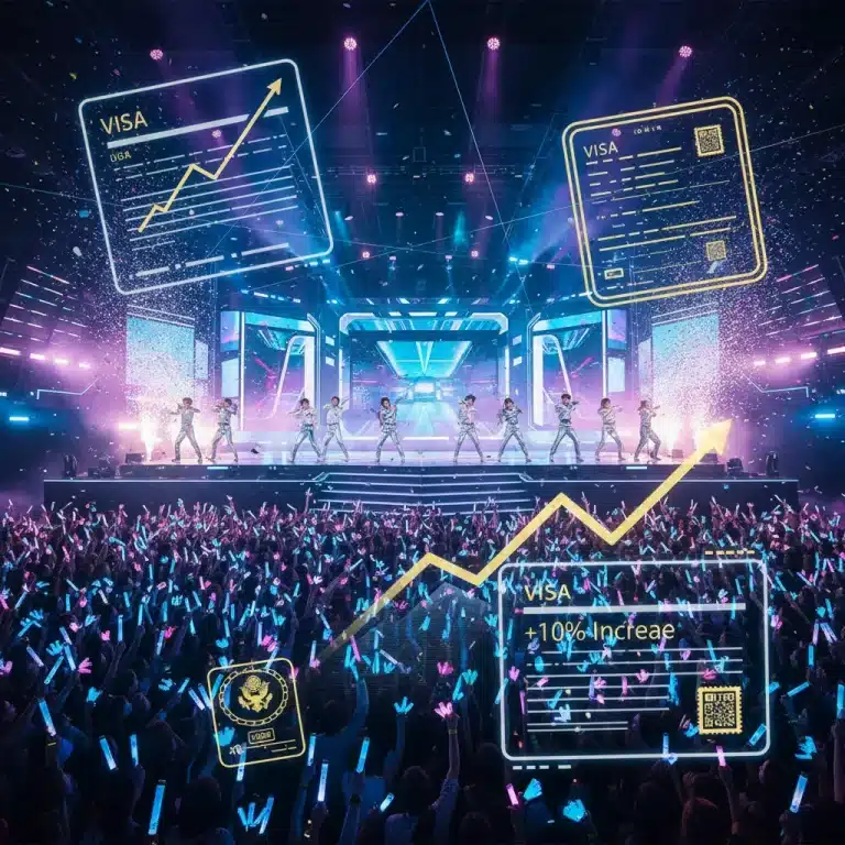 Vibrant K-Pop concert with audience and visa policy overlay