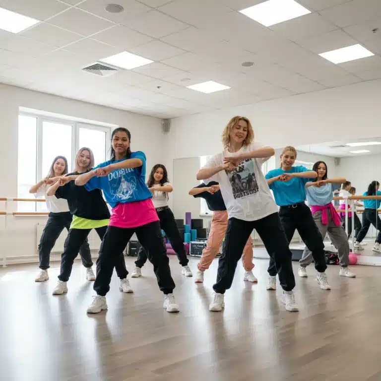 Diverse K-Pop dance cover group performing in a studio, full of energy and coordination.