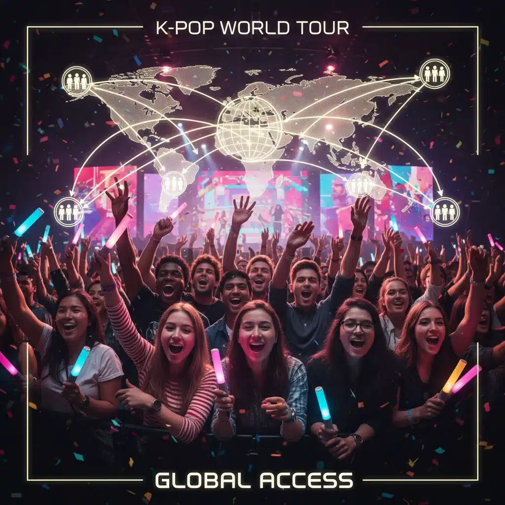 Diverse K-Pop fans cheering at concert with accessibility symbols