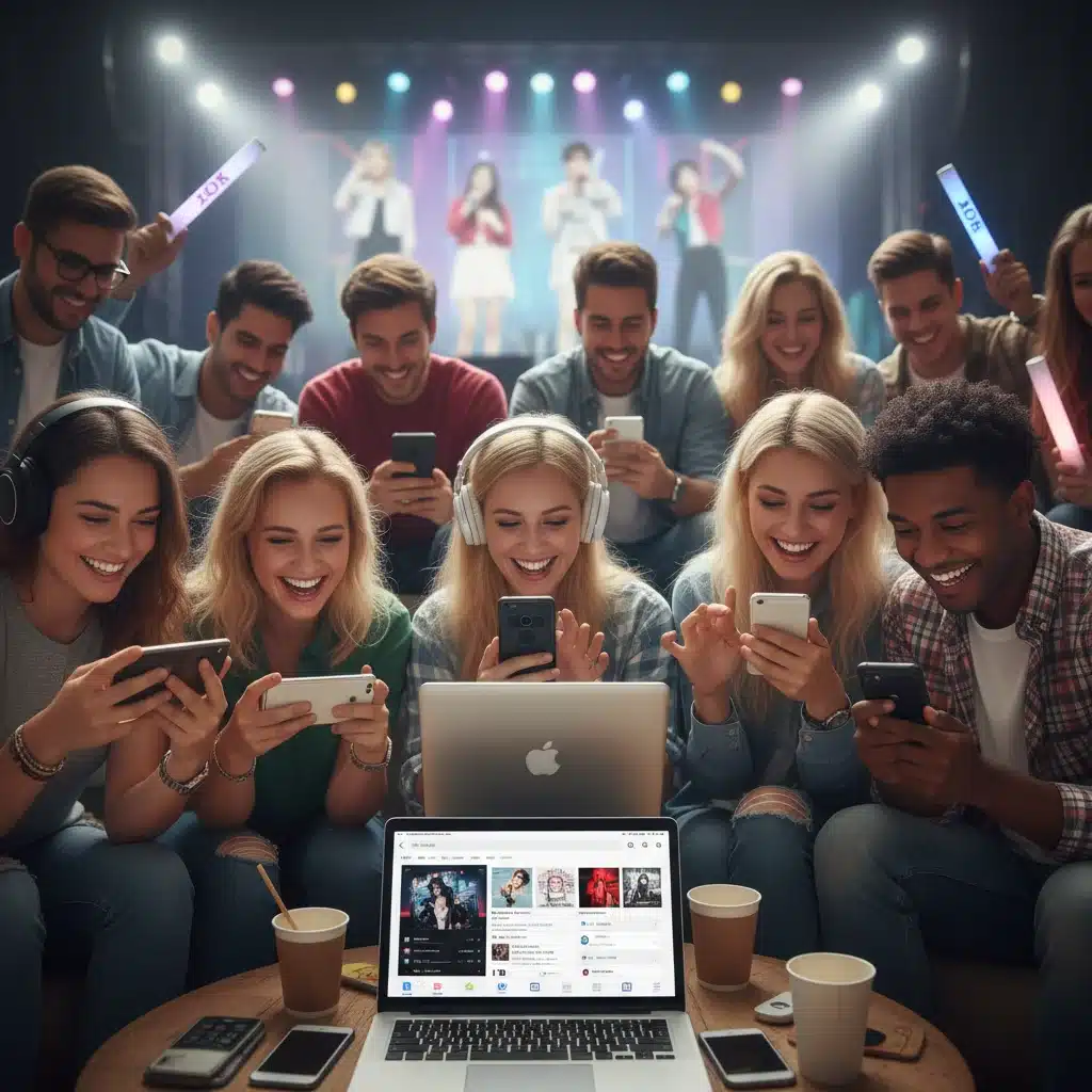 Dedicated K-Pop fans streaming music and engaging on social media to support their idols.