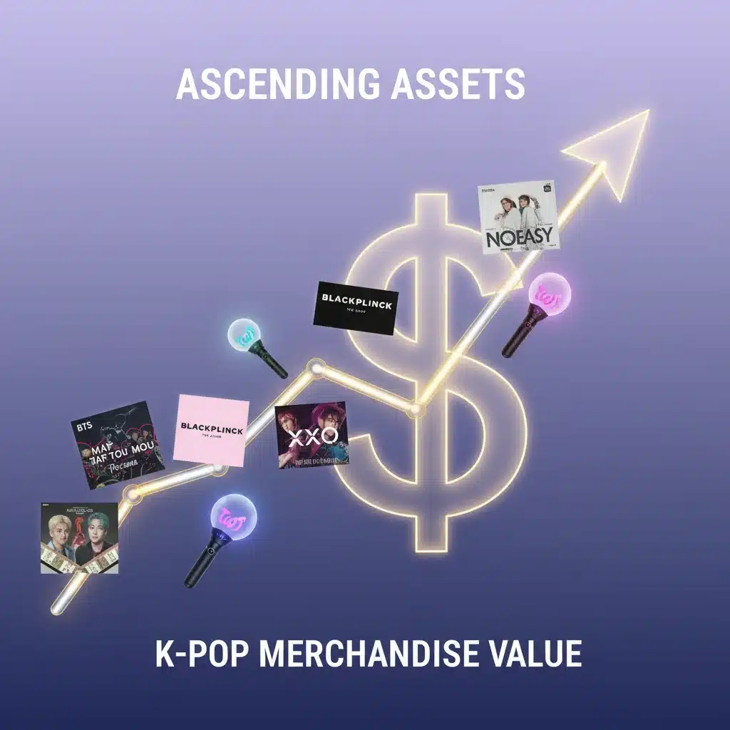 Rising line graph depicting K-Pop merchandise value increase with album art.