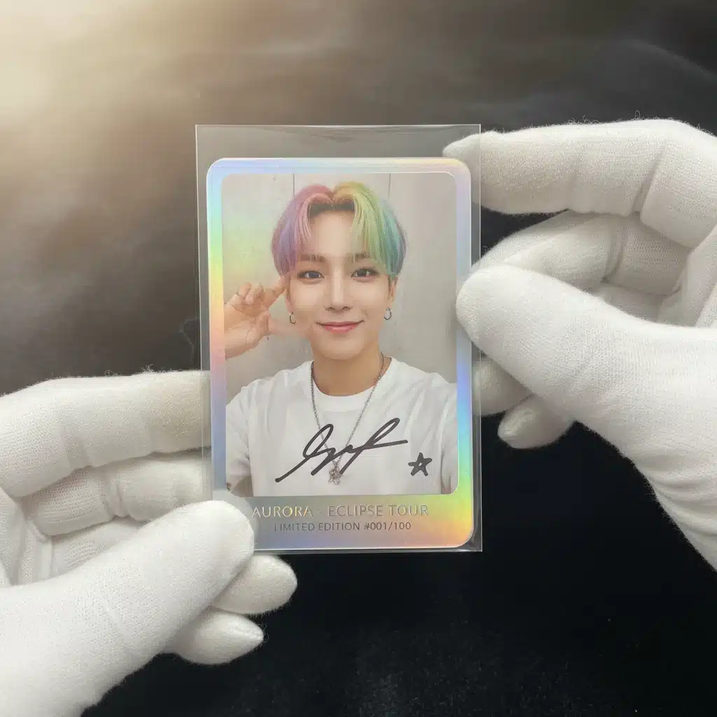 Rare K-Pop photo card, autographed, held carefully by gloved hands.