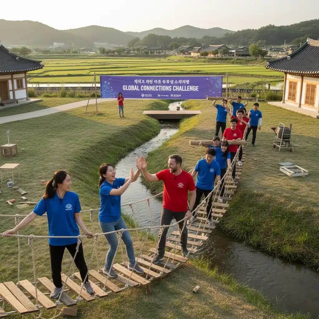 Diverse cast collaborating on an outdoor challenge in a Korean variety show
