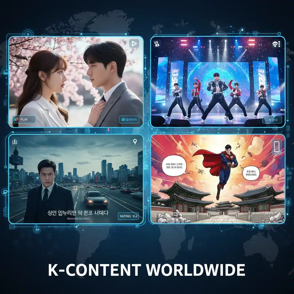 Diverse montage of popular K-Content including K-dramas, K-pop, and films, showcasing global appeal and digital accessibility.