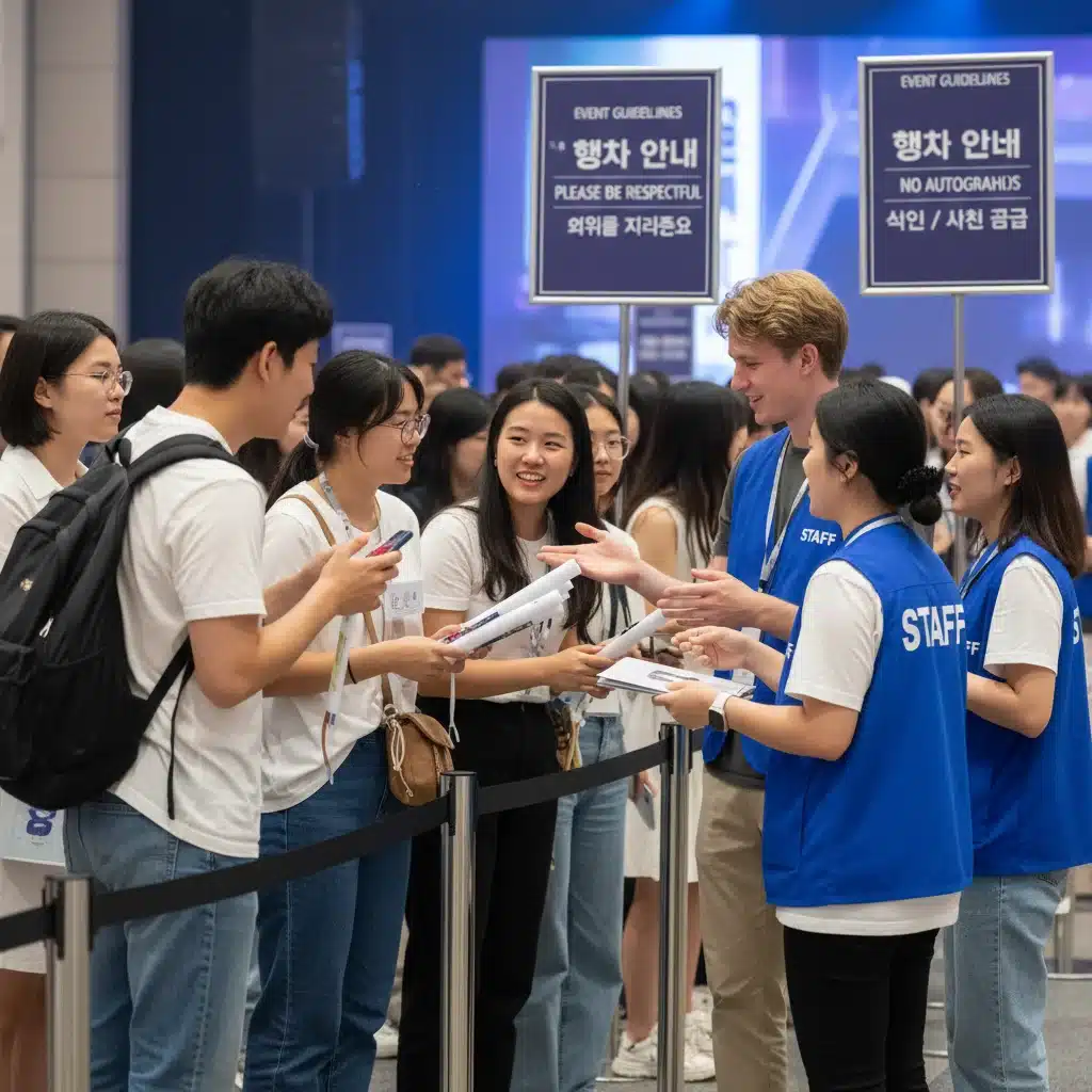 International fans politely interacting with event staff at a Korean fan event