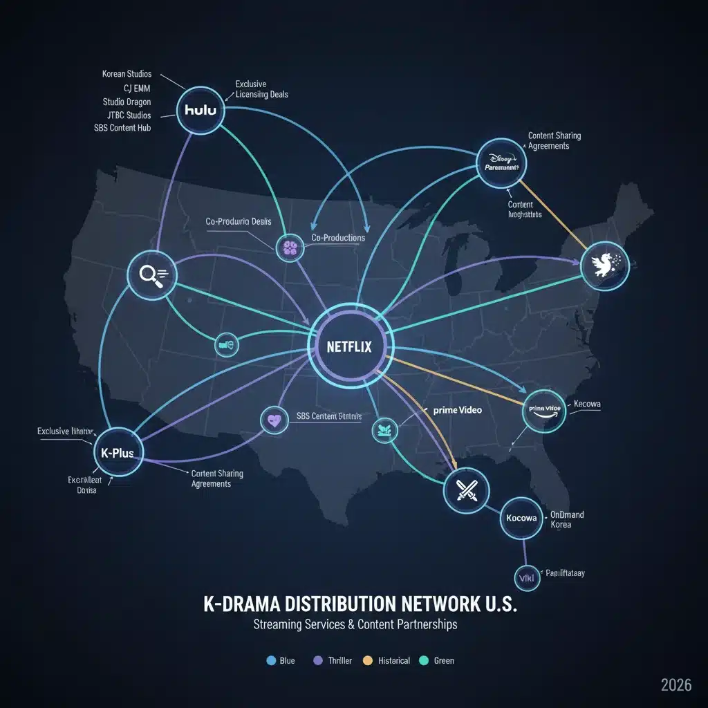 Infographic showing interconnected K-Drama streaming services and content distribution in the U.S. market.
