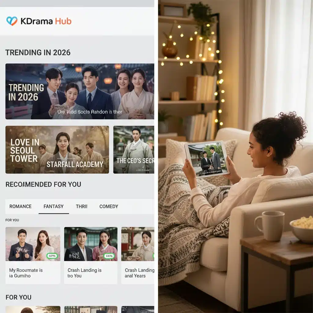 User-friendly K-Drama streaming interface with a person watching on a tablet, highlighting ease of access.