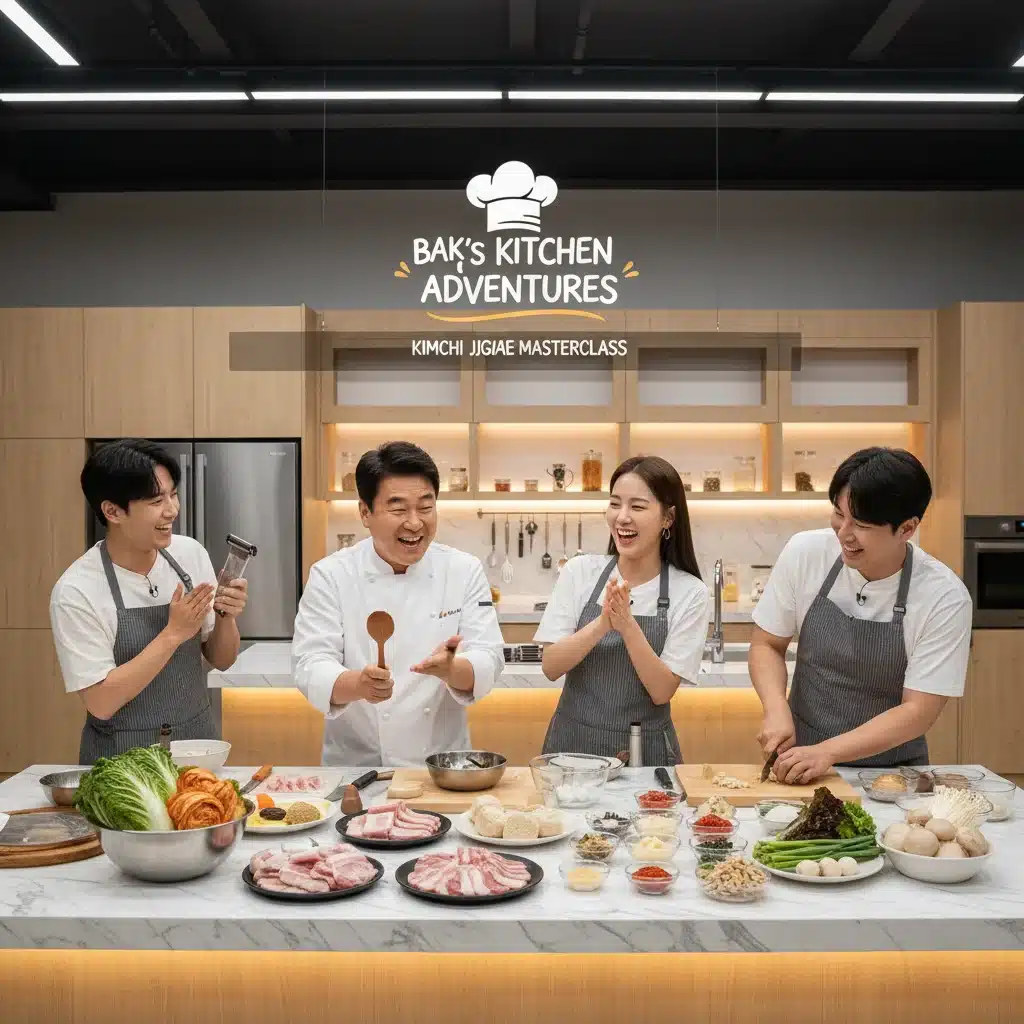 Celebrity chef teaching traditional Korean cooking on a popular variety show