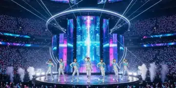 Dynamic K-Pop group performing live in a large U.S. arena for a 2026 tour.