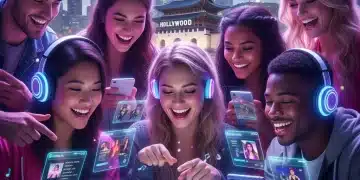 K-Pop fans in the U.S. engaging with music on streaming platforms, symbolizing digital shift and global connection.