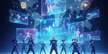 Futuristic K-Pop stage with holographic idols representing major industry changes in 2026.