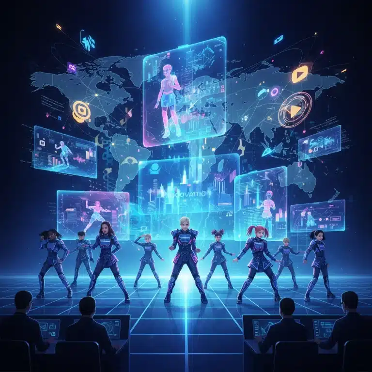 Futuristic K-Pop stage with holographic idols representing major industry changes in 2026.