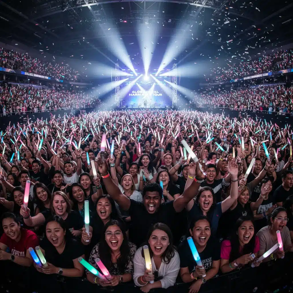 Passionate K-Pop fans cheering with lightsticks at a vibrant concert.