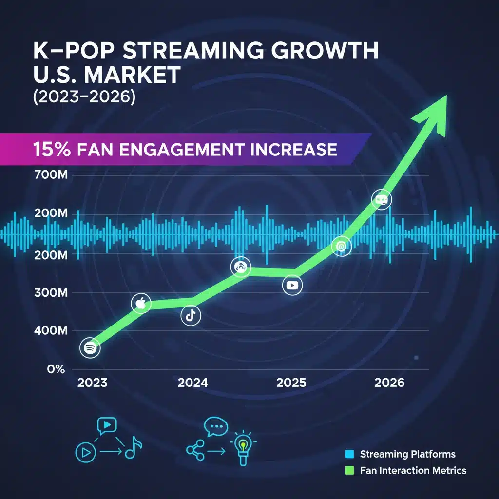 Graphic showing K-Pop streaming growth and fan engagement increase in the U.S. market by 2026.