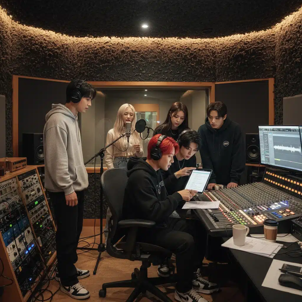 K-Pop idols meticulously working in a state-of-the-art recording studio.
