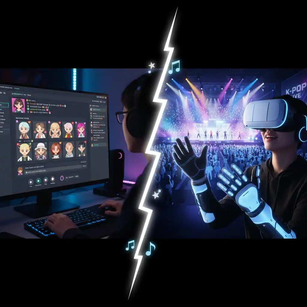 Comparison of virtual K-Pop fan engagement interfaces, showing chat, avatars, and VR immersion.