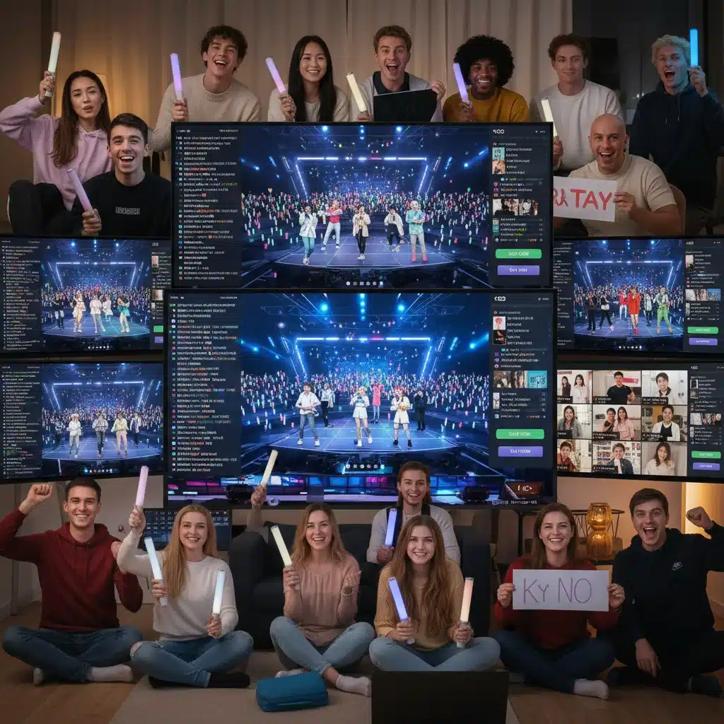 K-Pop fans engaging in an interactive virtual event, showcasing community and digital participation.