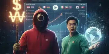 Stylized graphic illustrating the financial growth and global reach of K-Content, inspired by Squid Game, showing currency symbols and streaming platforms.