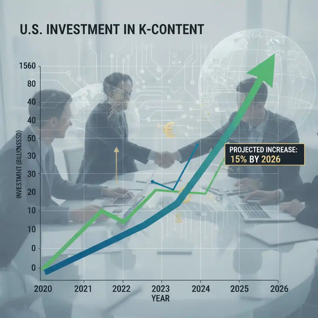 Infographic depicting a 15% projected increase in U.S. investment in K-Content by 2026, with financial and technology symbols.