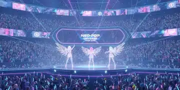 Futuristic virtual K-Pop concert with holographic idols and diverse digital audience avatars.