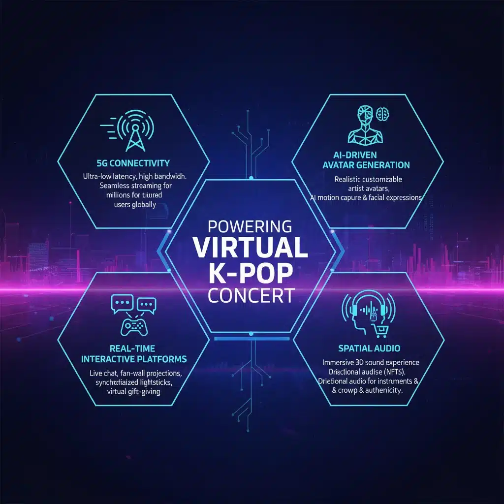 Infographic detailing technologies behind virtual K-Pop concerts: 5G, AI avatars, interactive platforms, spatial audio, blockchain.