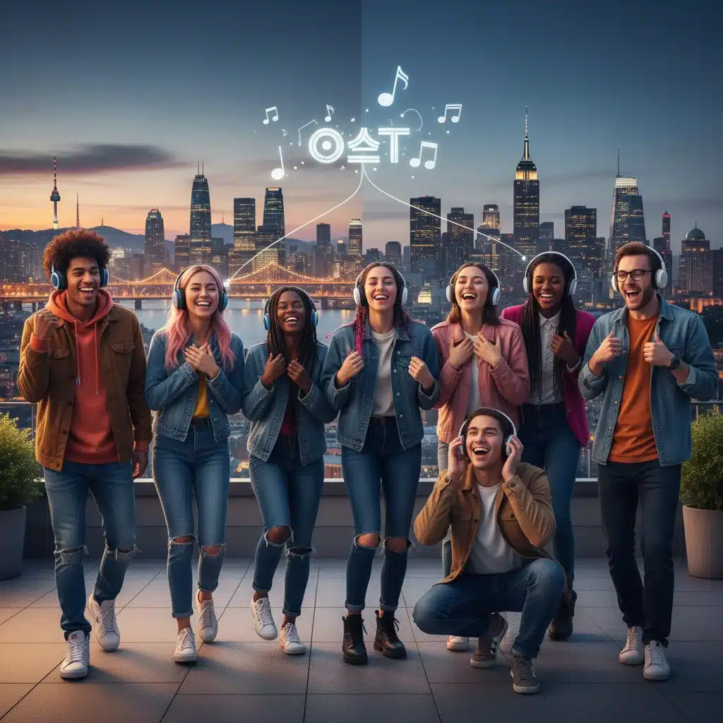 Diverse group of young people enjoying K-Drama OSTs, with a dual cityscape in the background.
