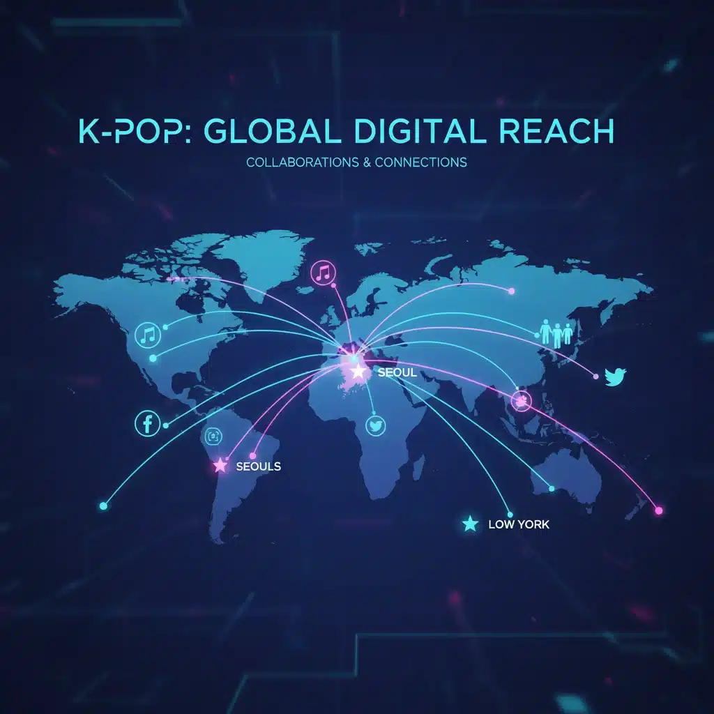 World map showing global reach of K-Pop and US collaborations, digital impact infographic