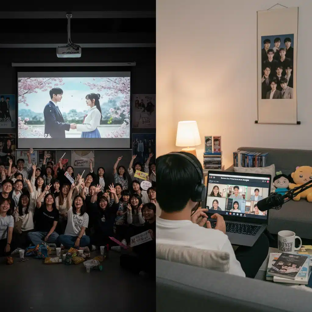 Hybrid Dorama fan meetup with both in-person and virtual attendees interacting.