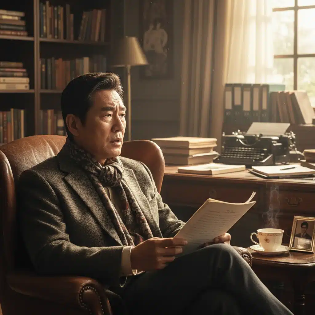 Veteran K-Drama actor meticulously studying a complex script for a new role.