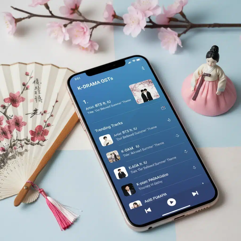 Smartphone displaying K-Drama OST on a music streaming chart, with Korean cultural motifs.