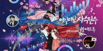 Dynamic collage of K-Drama scenes with musical notes and US chart elements, symbolizing global OST success.