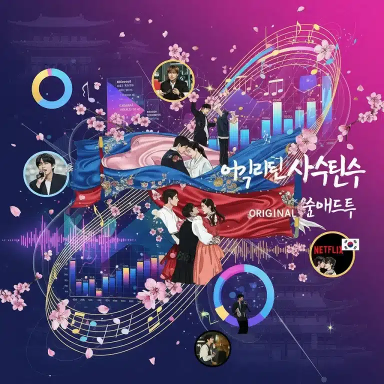 Dynamic collage of K-Drama scenes with musical notes and US chart elements, symbolizing global OST success.