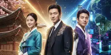 Three rising K-Drama stars against a modern global entertainment backdrop, symbolizing future dominance in U.S. viewership.