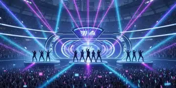 Futuristic K-Pop concert stage with spotlights on anticipated idol groups, symbolizing 2026 debuts and global fandom.
