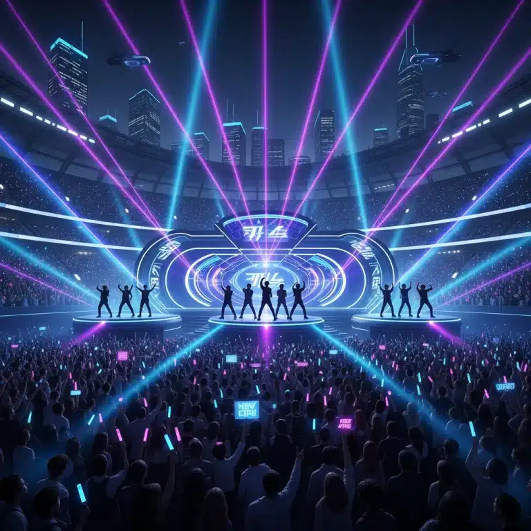 Futuristic K-Pop concert stage with spotlights on anticipated idol groups, symbolizing 2026 debuts and global fandom.