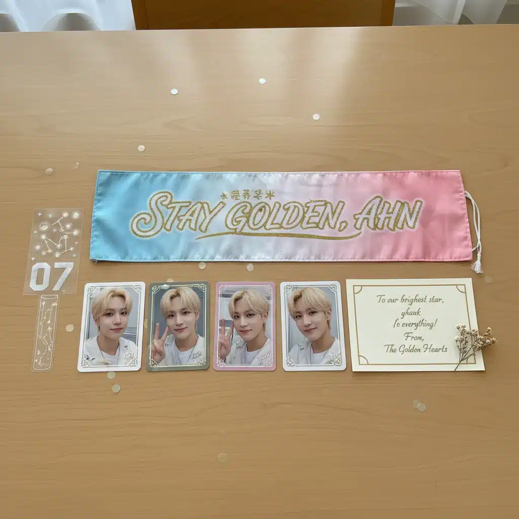 Detailed K-Pop fan project kit with custom banners, photocards, and decals.