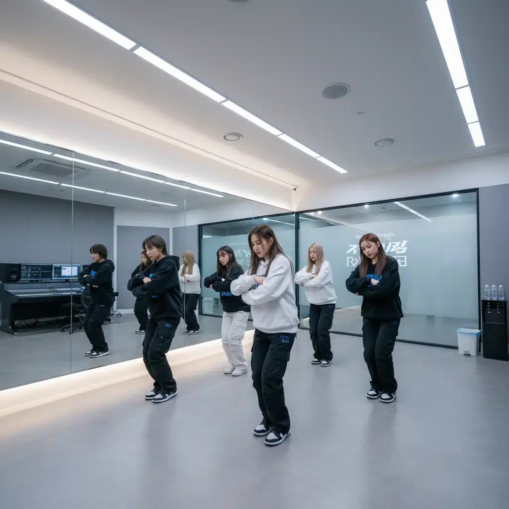 K-Pop idol group practicing choreography in a modern recording studio, preparing for their highly anticipated debut.