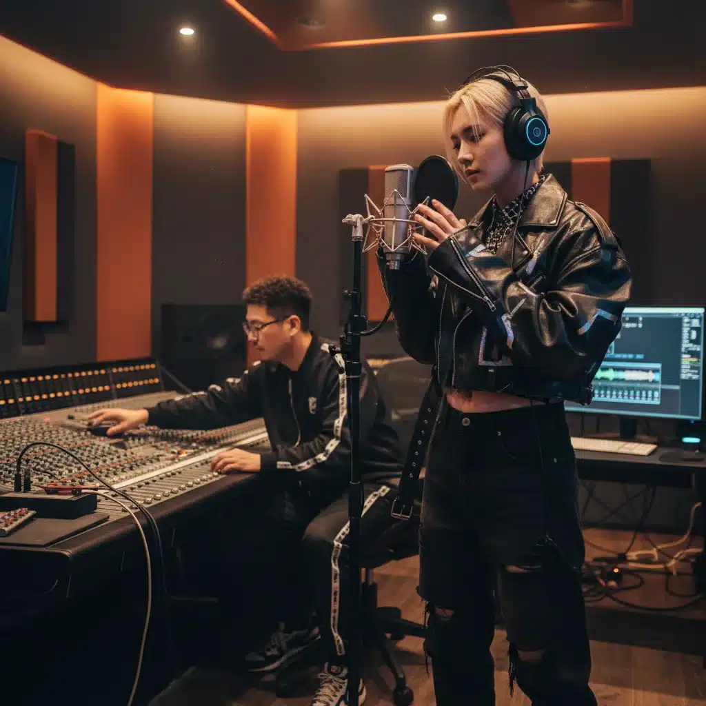 K-Pop idol recording in studio with US producer, focusing on sound engineering