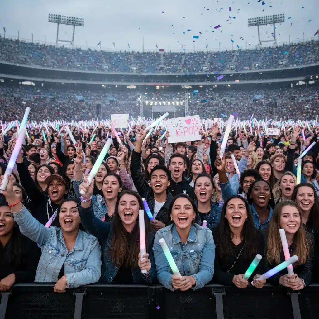Enthusiastic U.S. K-Pop fans cheering in a stadium with lightsticks, anticipating new idol groups.